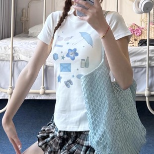 正肩掐腰短袖 凡他姨 印花T恤修身 原创数码 上衣女夏 blue蓝色系