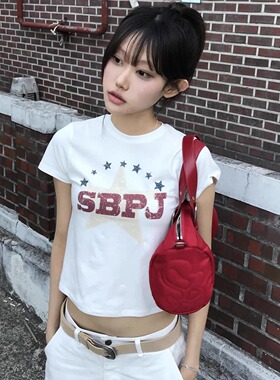 凡他姨【美式汽水】做旧感字母印花T恤修身正肩圆领短袖掐腰上衣