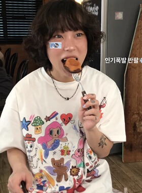 凡他姨【鬼马碎末】夏季可爱搞怪小众印花T恤宽松纯棉圆领短袖女