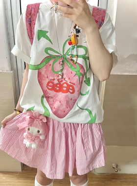 凡他姨【草莓物语】夏季可爱软妹甜妹印花T恤纯棉圆领短袖女宽松