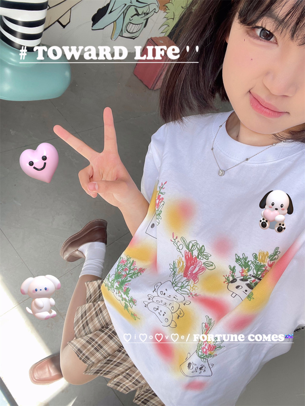 凡他姨【迷糊花瓶】原创小众夏季显瘦T恤纯棉圆领短袖白色情侣装