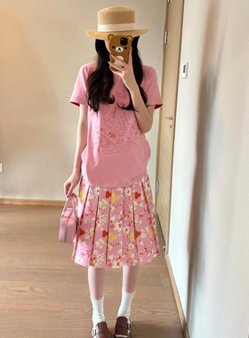 凡他姨【粉嫩一夏】特调显白蜜桃粉T宽松纯棉圆领短袖休闲T恤女