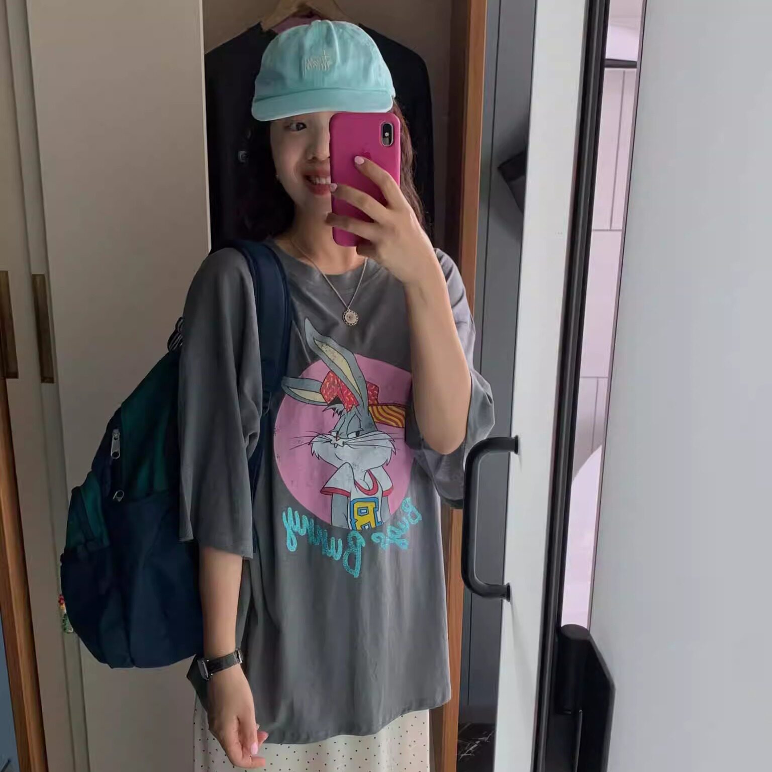 凡他姨【夏末尾音】夏季显瘦炭灰色圆领短袖数码直喷印花T恤情侣