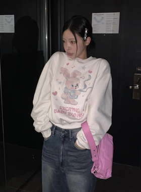 凡他姨【baby奶味小兔】可爱直喷印花圆领卫衣加绒套头上衣白色女