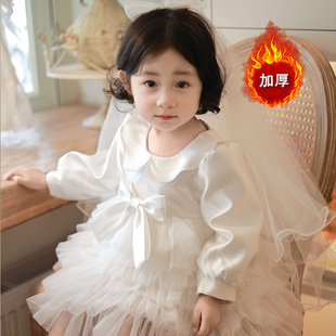 宝宝周岁生日抓周礼服花童白色婚纱连衣裙女童长袖蓬蓬裙新款冬季