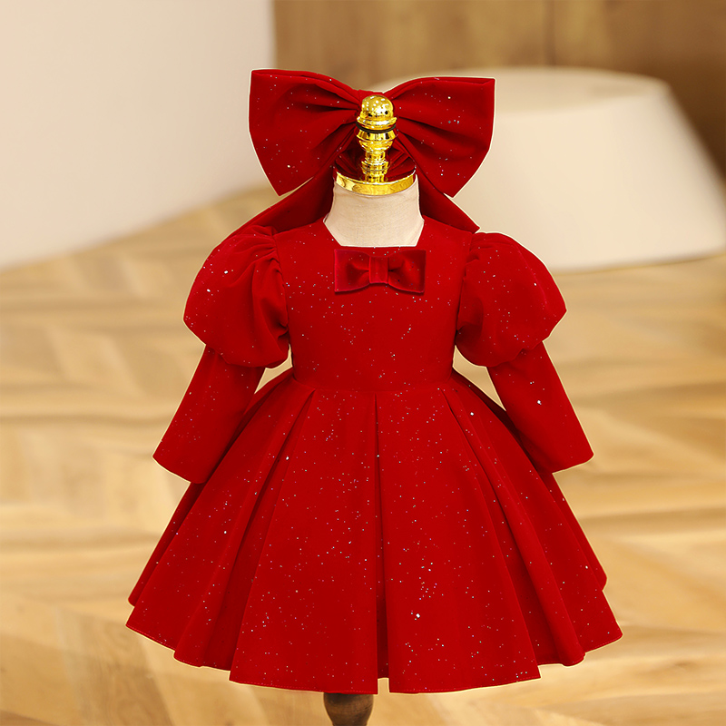 韩版花童婚礼女童生日礼服红色