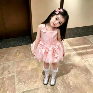女童夏季薄款公主风粉色礼服裙