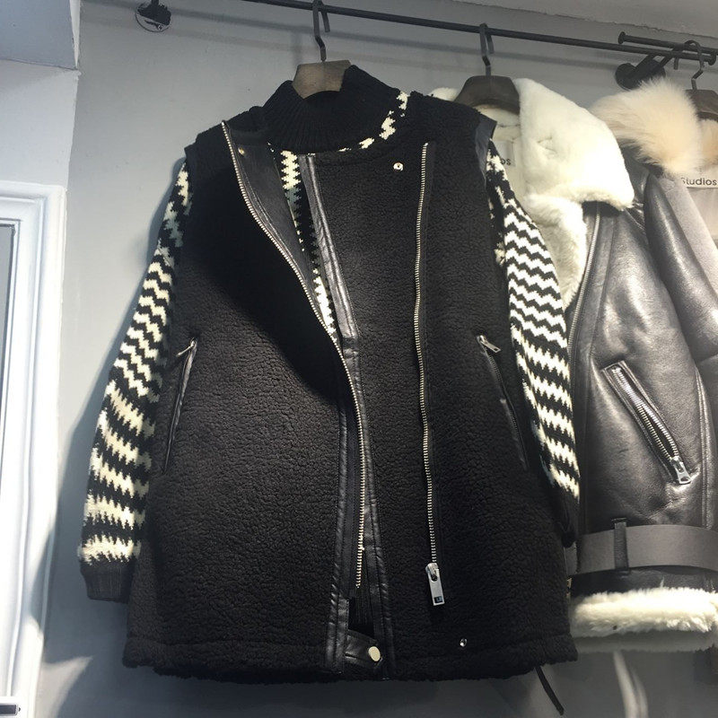 秋冬拼接羊羔毛马甲女中长款皮毛一体外套春季毛绒PU皮马夹女宽松