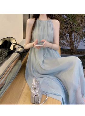 蓝色无袖套头连衣裙女夏2024新款宽松显瘦夏天连衣裙过膝裙中长裙