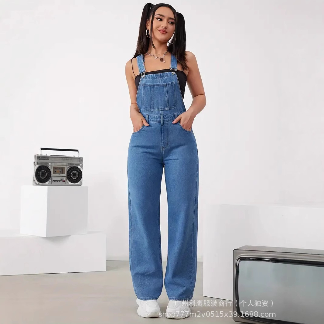 亚马逊热卖牛仔裤女temu欧美新款时尚百搭水洗背带裤