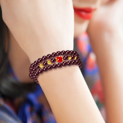 黄金转珠运手链女天然酒红石榴石