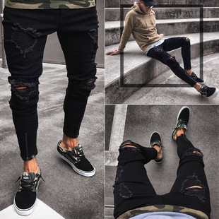 denim trousers ripped men jeans black casual youth New male