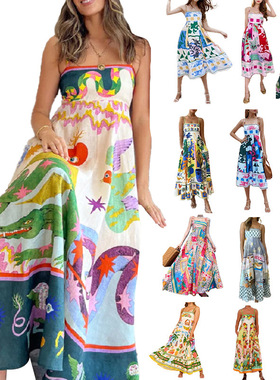 Elegant High Waist Printed Strap Casual Fashion Dress 吊带裙
