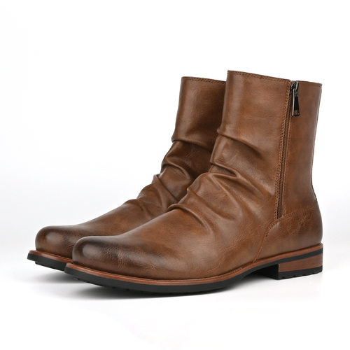 大码大头褶皱短筒两侧拉链纯色休闲百搭男靴Large size men boots