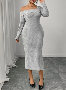 Oversized square neck sloping shoulder split hip skirt大码裙