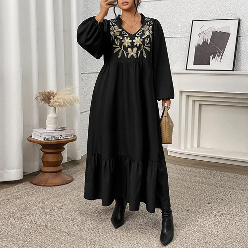 大码印花黑色荷叶边连衣裙 Large print black ruffle edge dress