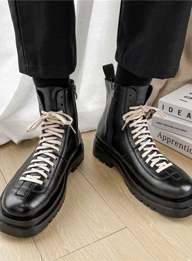 秋冬真皮工装显瘦机车皮靴男鞋Leather tooling motorcycle boots