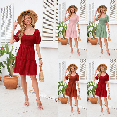 Square neckline pleated cute mini skirt summer dress连衣裙