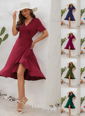 V-neck high waistband dress vacation tourism 度假V领绑带裙