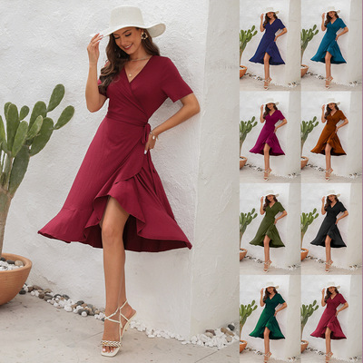V-neck high waistband dress vacation tourism 度假V领绑带裙