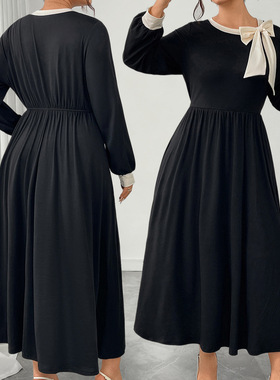 Plus Size Women Black Dress 气质撞色立体蝴蝶结显瘦遮肚连衣裙