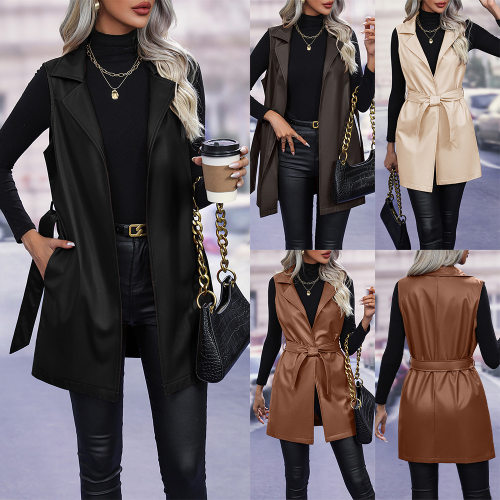 PU皮开衫绑带马甲背心外套 PU leather cardigan vest Coat