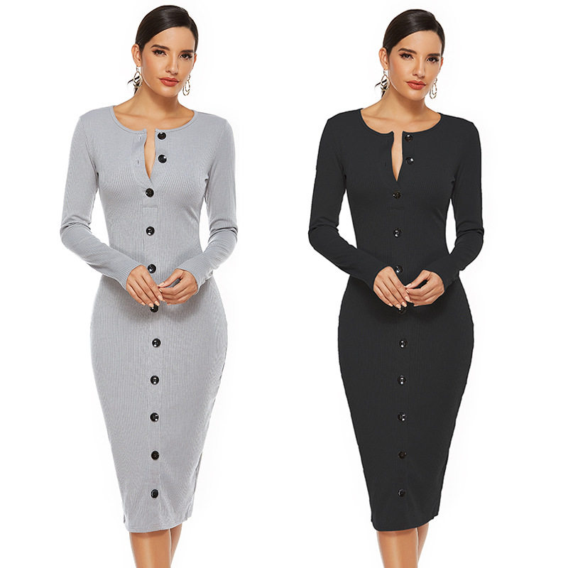 autumn single button pencil skirt long sleeve fashion dress