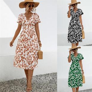 vacation style Waist skirt printed neck 连衣裙 collection