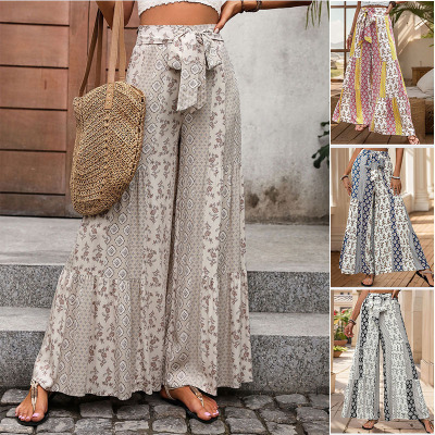 High waisted wide leg pants 高腰系带打揽民族风休闲阔腿长裤