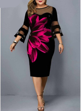 Big size Printed gauze stitching dress印花网纱拼接大码连衣裙