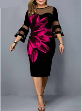 Big size Printed gauze stitching dress印花网纱拼接大码连衣裙
