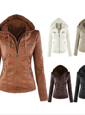 Jacket Women Euro Hood zipper coat Leather clothing皮夹克女