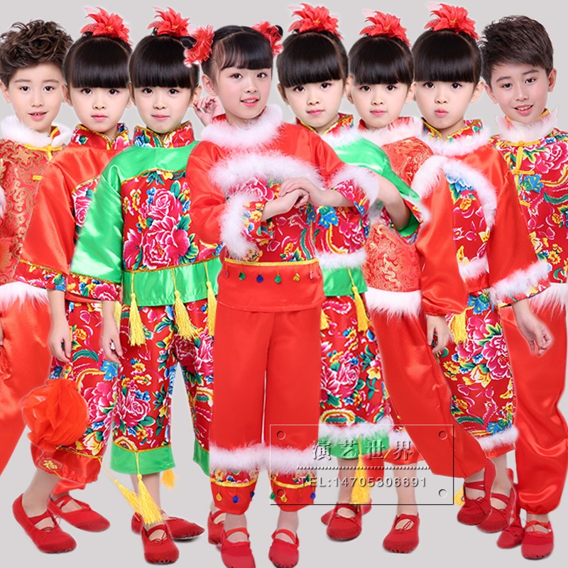 秋冬新款元旦幼儿女童喜庆中国结民族秧歌服大花布演出服装舞台装
