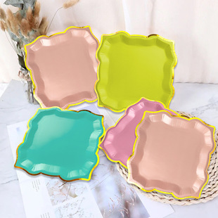 Supplies Party 金色花边正方形纸盘宴会婚礼派对装 扮用品Wedding