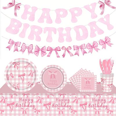 Wedding Birthday Party Supplies Tableware 粉色蝴蝶结派对用品