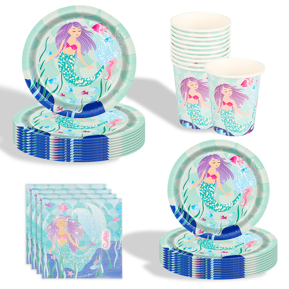 Mermaid Princess Party Supplies 美人鱼公主生日用品一次性纸盘