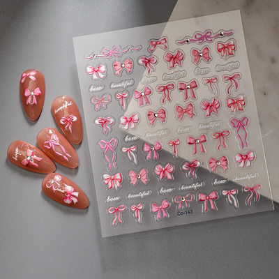 Pink Bow Rhinestone Nail Stickers 浮雕水钻蝴蝶结美甲贴纸饰品