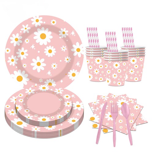 Flower Pink Party Supplies 小雏菊粉色一次性纸盘派对装饰餐具