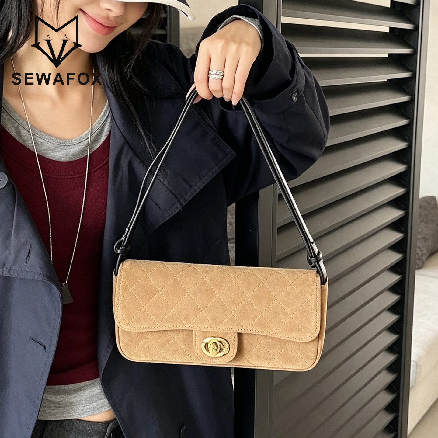 SEWAFOX麂皮菱格法棍包女