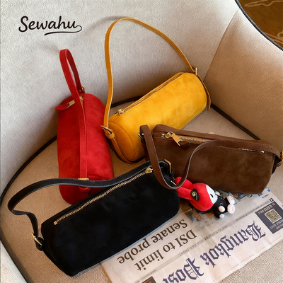 纯色麂皮笔筒包手拎腋下包