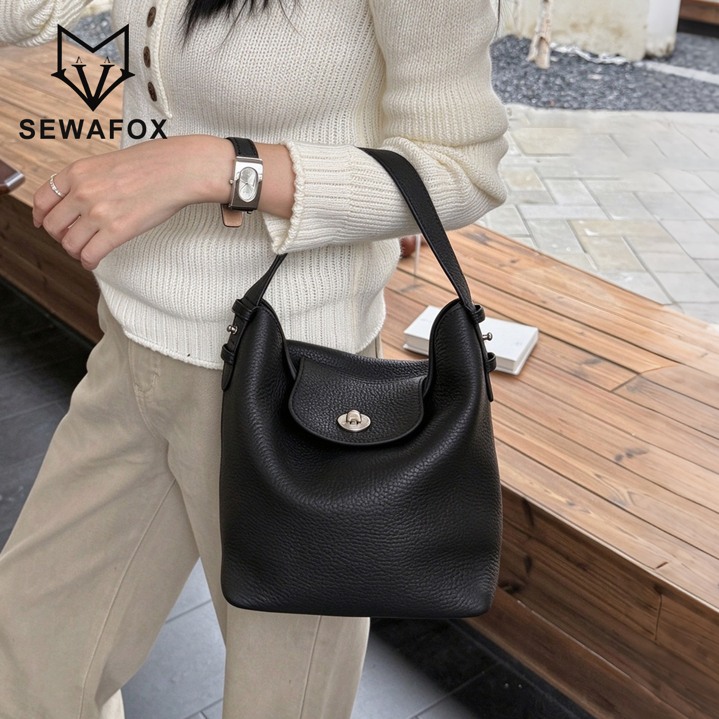 SEWAFOX复古荔枝纹软皮托特包女