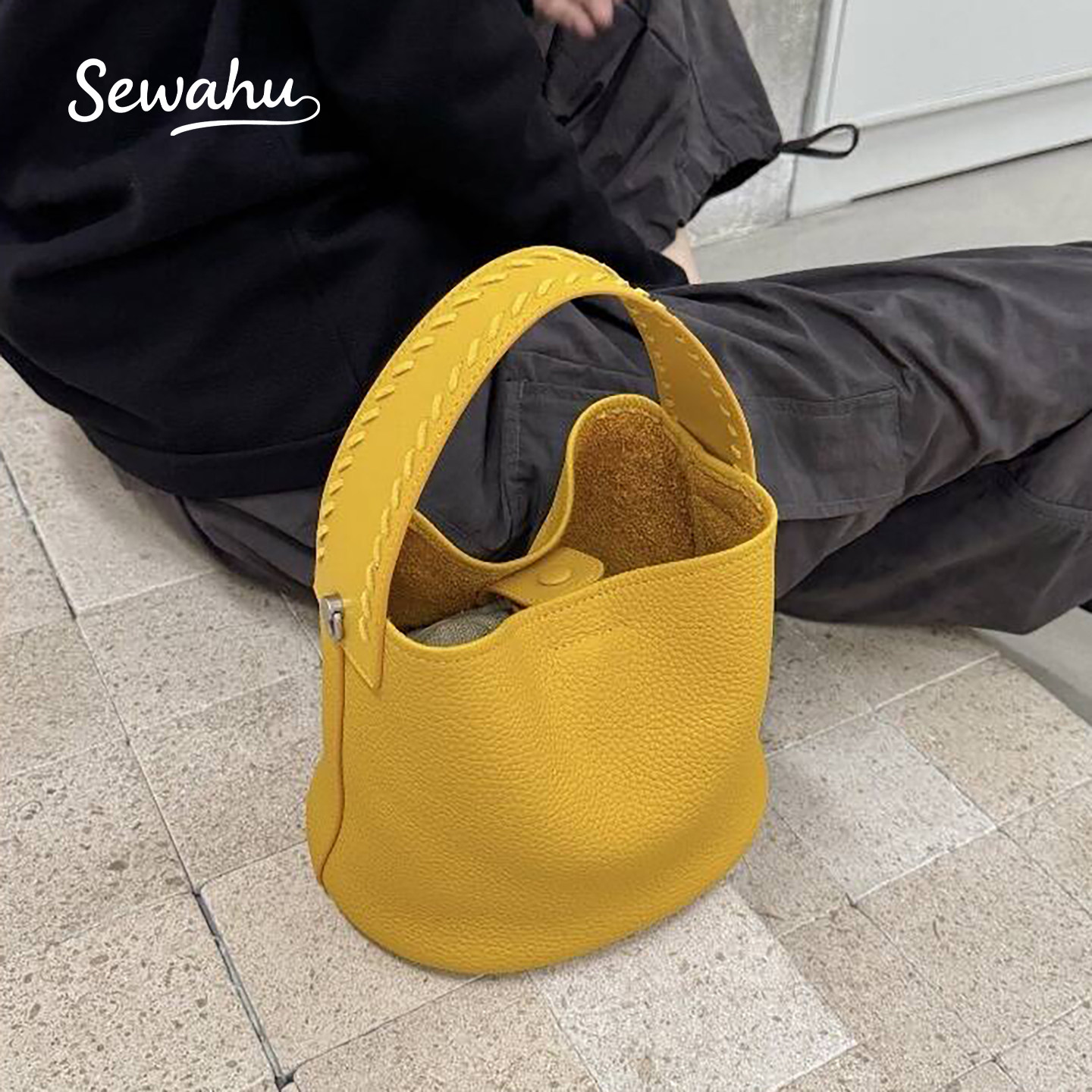 SEWAHU小众法式真皮水桶包菜篮子
