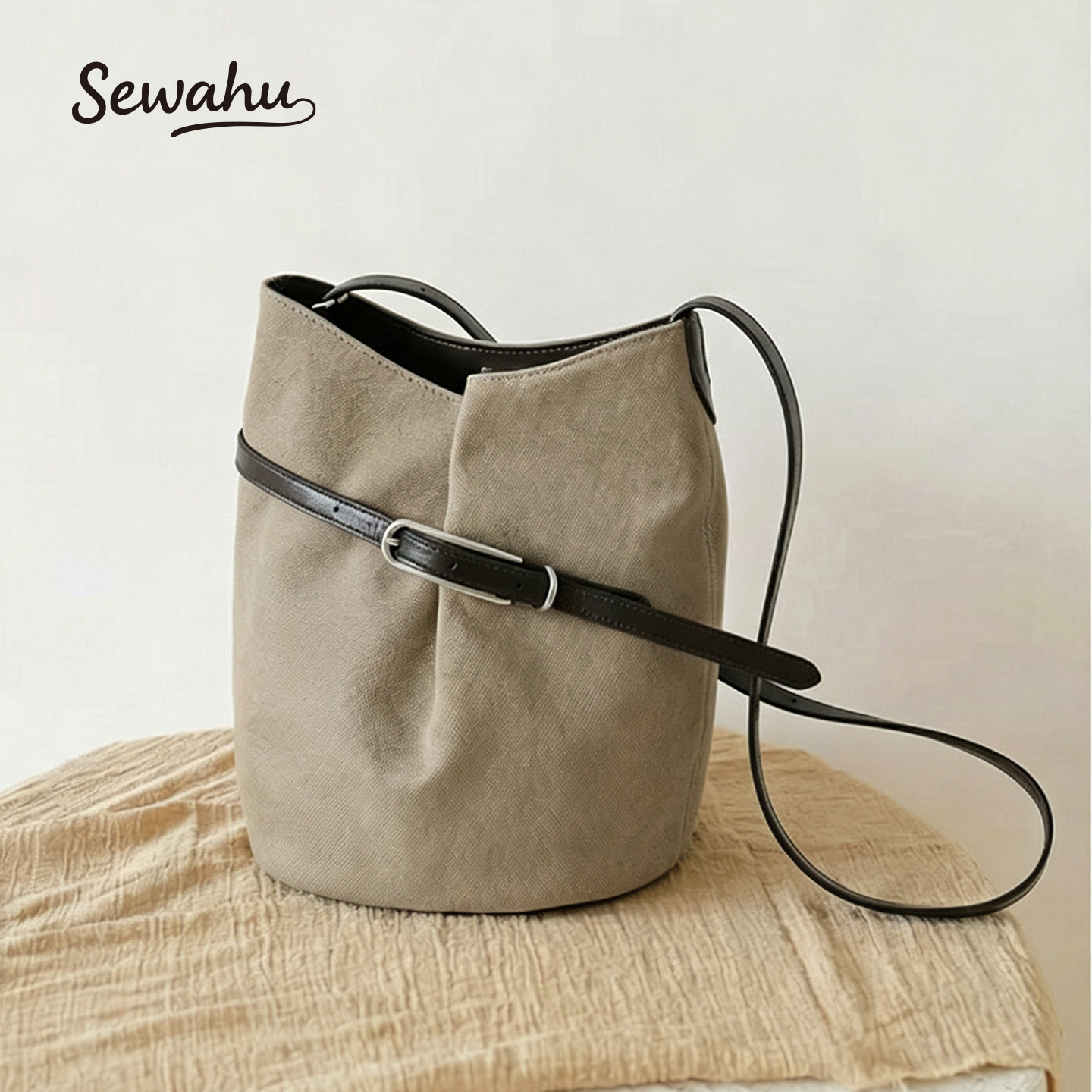 SEWAHU韩系简约帆布拼牛皮水桶包