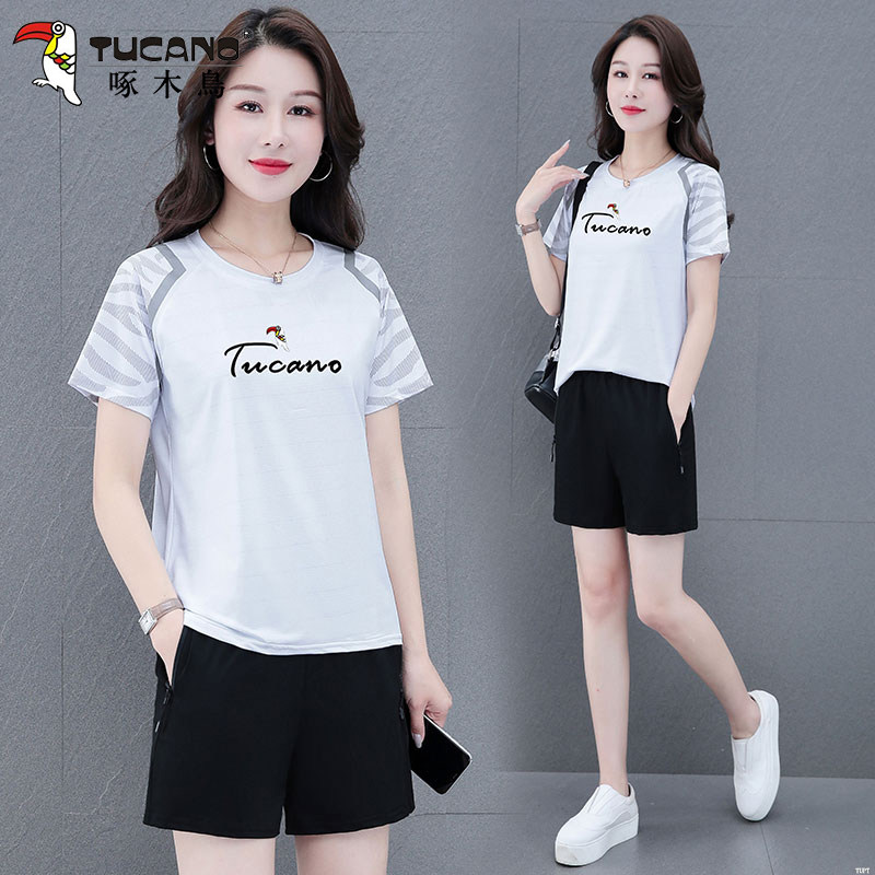 啄木鸟冰丝速干运动套装女士夏季2026新款薄款透气运动短裤两件套