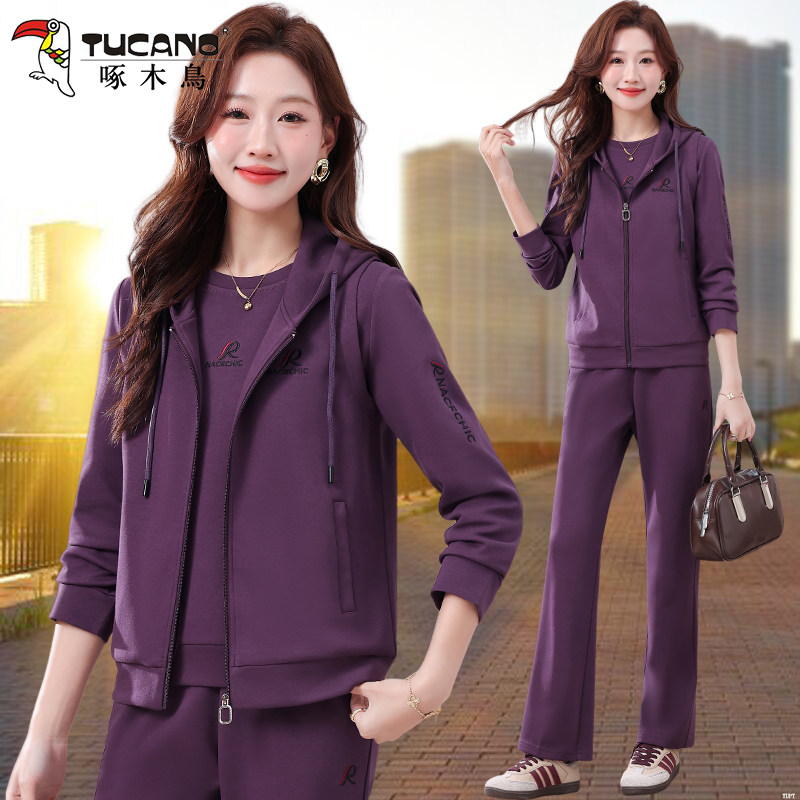 啄木鸟妈妈运动马甲三件套女士春秋季2026新款宽松连帽休闲套装女