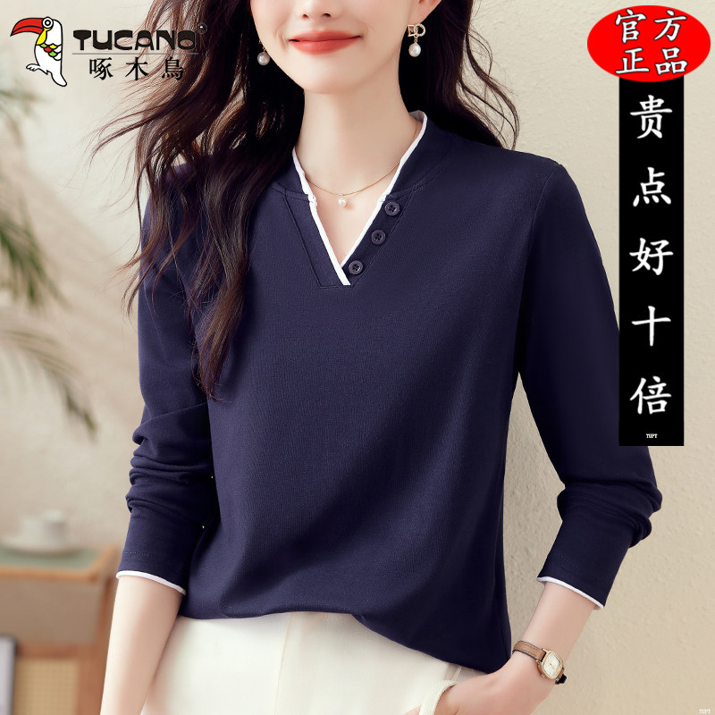 啄木鸟时尚V领长袖T恤女士春秋季2026新款宽松妈妈装显瘦薄款上衣
