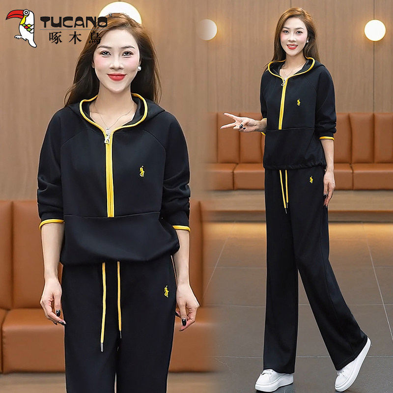 啄木鸟连帽半拉链卫衣运动套装女2025新款韩系时尚休闲宽松两件套