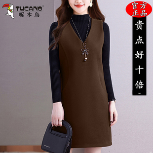 啄木鸟中长款毛呢背心裙女装秋冬新款时尚直筒显瘦V领无袖连衣裙