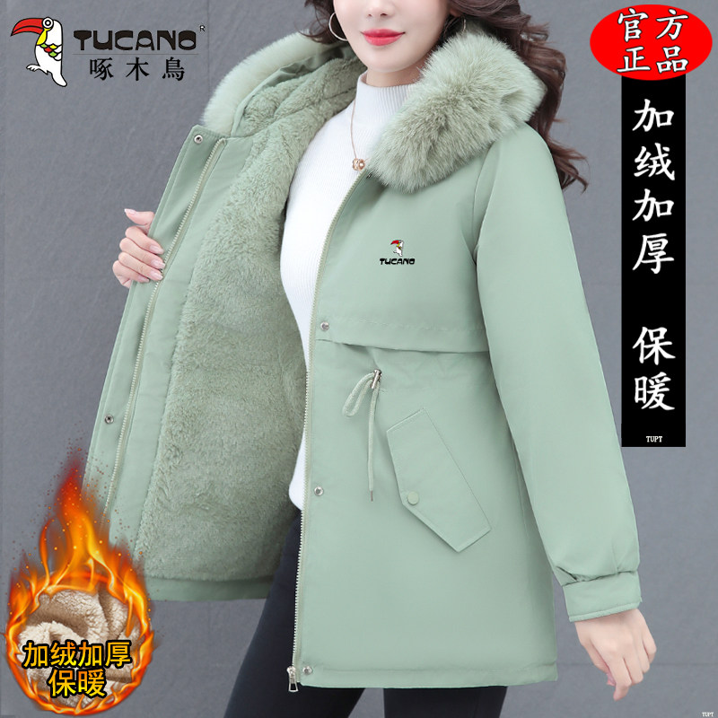 啄木鸟中长款加绒派克服女2025冬季新款棉服妈妈加厚保暖棉衣外套