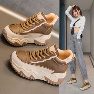 高邦小白鞋秋冬增高新款女厚底真皮小个子休闲女鞋国潮坡跟短靴子